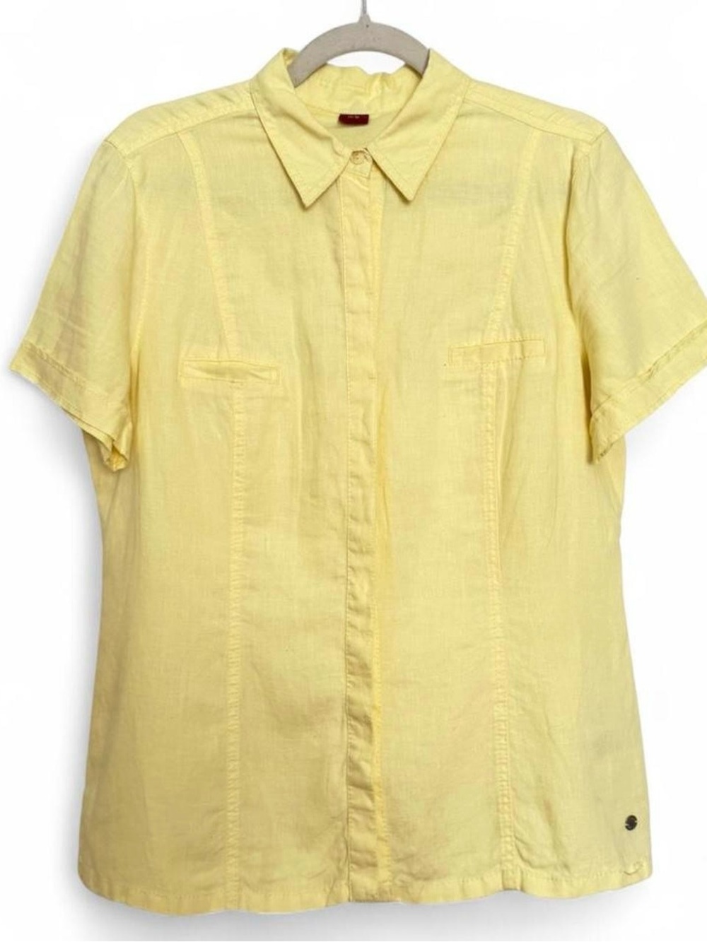 100% Linen Butter Yellow Short Sleeve Button Down Shirt Olsen Europe Size M